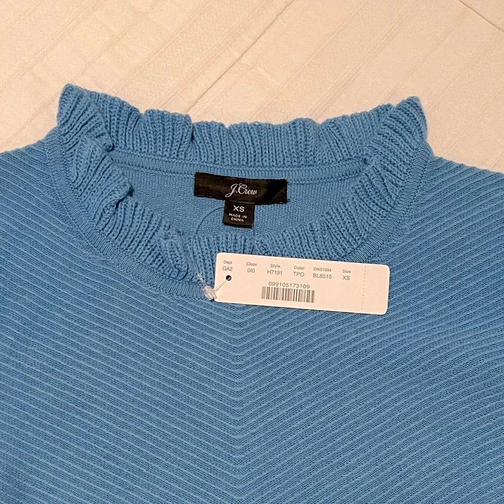 NWT J.Crew Blue Chevron Ruffle neck pullover XS azure. Cotton wool